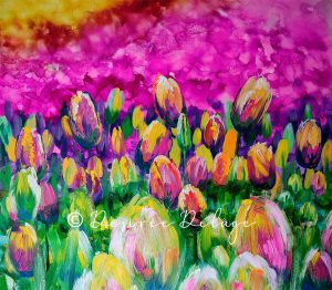 Tulpen in grober Malerei knallbunt mit Alkoholtinte und Acryl auf Leinwand gemalt.